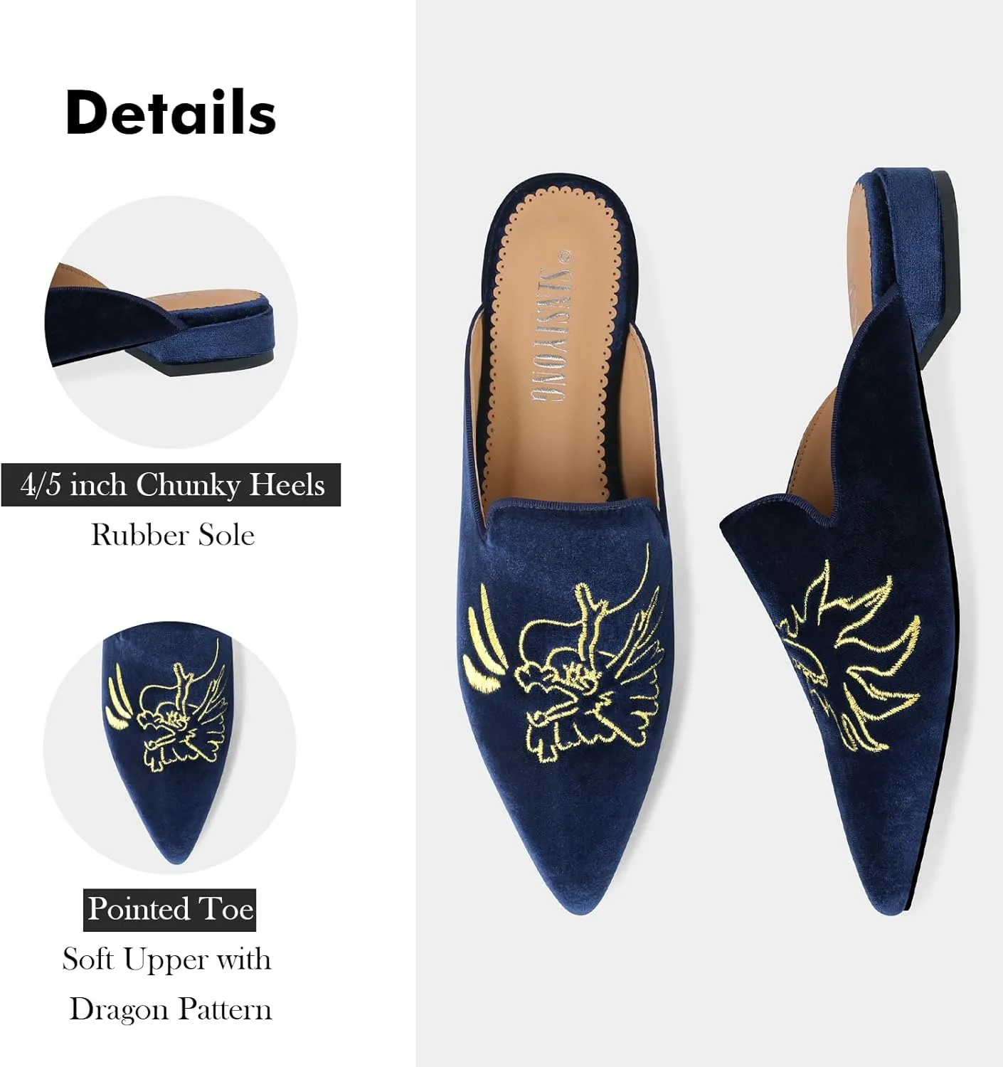 Embroidered Mules for Women Pointed Toe Backless Velvet Flats Slides with Dragon Pattern
