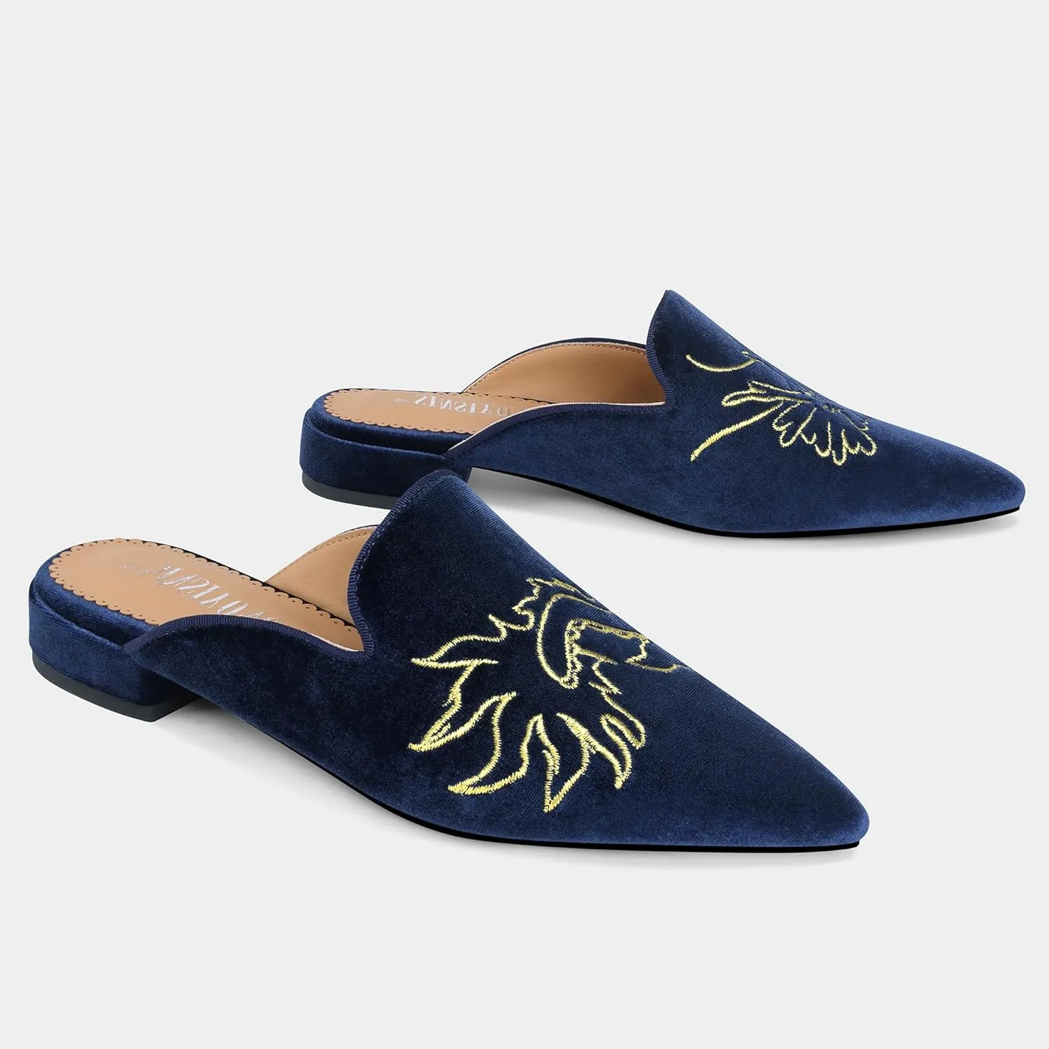 Embroidered Mules for Women Pointed Toe Backless Velvet Flats Slides with Dragon Pattern