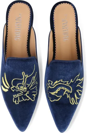 Embroidered Mules for Women Pointed Toe Backless Velvet Flats Slides with Dragon Pattern
