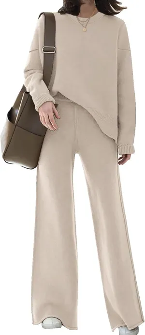 ETCYY NEW Womens Elegant Lounge Sets Knitted Sweatsuit Sets 2 Piece Outfits with Sweater Tops and Wide Leg Sweatpants