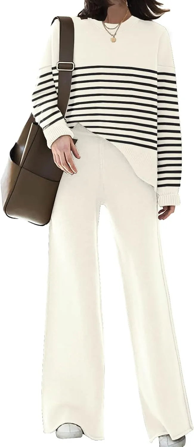 ETCYY NEW Womens Elegant Lounge Sets Knitted Sweatsuit Sets 2 Piece Outfits with Sweater Tops and Wide Leg Sweatpants