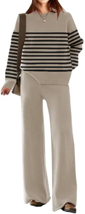 ETCYY NEW Womens Elegant Lounge Sets Knitted Sweatsuit Sets 2 Piece Outfits with Sweater Tops and Wide Leg Sweatpants