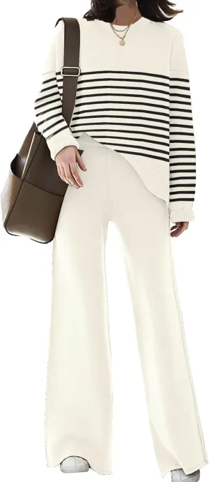 ETCYY NEW Womens Elegant Lounge Sets Knitted Sweatsuit Sets 2 Piece Outfits with Sweater Tops and Wide Leg Sweatpants
