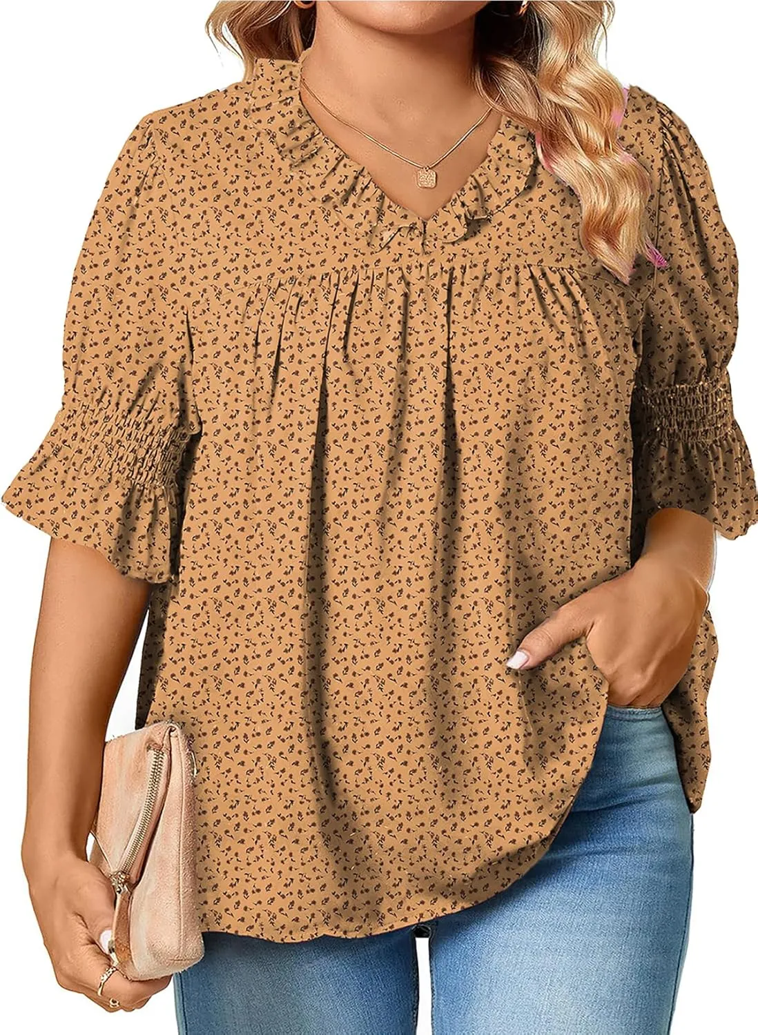 Eytino Womens Plus Size Floral Print Blouses V Neck Ruffle Flowy Short Sleeve Shirts Babydoll Casual Tunic Tops(1X-5X)