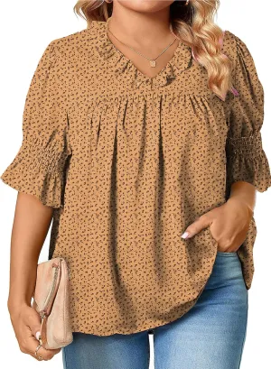 Eytino Womens Plus Size Floral Print Blouses V Neck Ruffle Flowy Short Sleeve Shirts Babydoll Casual Tunic Tops(1X-5X)