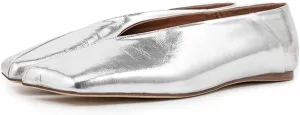 Fandimeier Women's Leather Soft Flat Ballet Shoes for Lady Silver Elegant Squared Toe Single Shoe