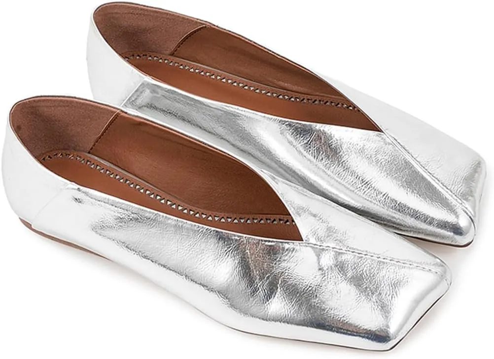 Fandimeier Women's Leather Soft Flat Ballet Shoes for Lady Silver Elegant Squared Toe Single Shoe