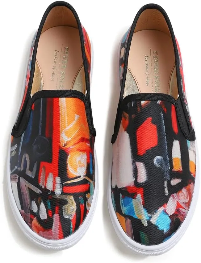 FEVERSOLE Women's Fashion Art Asymmetric Painted Casual Slip On Loafers Canvas Travel Sneakers