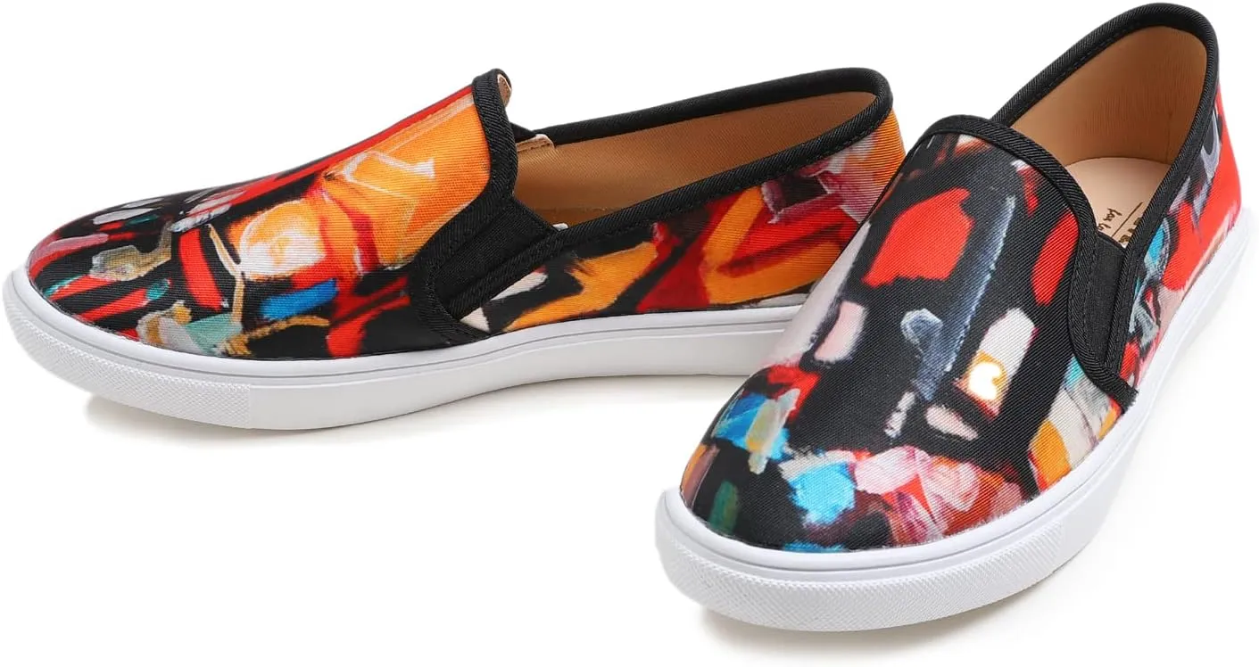 FEVERSOLE Women's Fashion Art Asymmetric Painted Casual Slip On Loafers Canvas Travel Sneakers