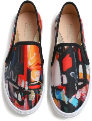 FEVERSOLE Women's Fashion Art Asymmetric Painted Casual Slip On Loafers Canvas Travel Sneakers