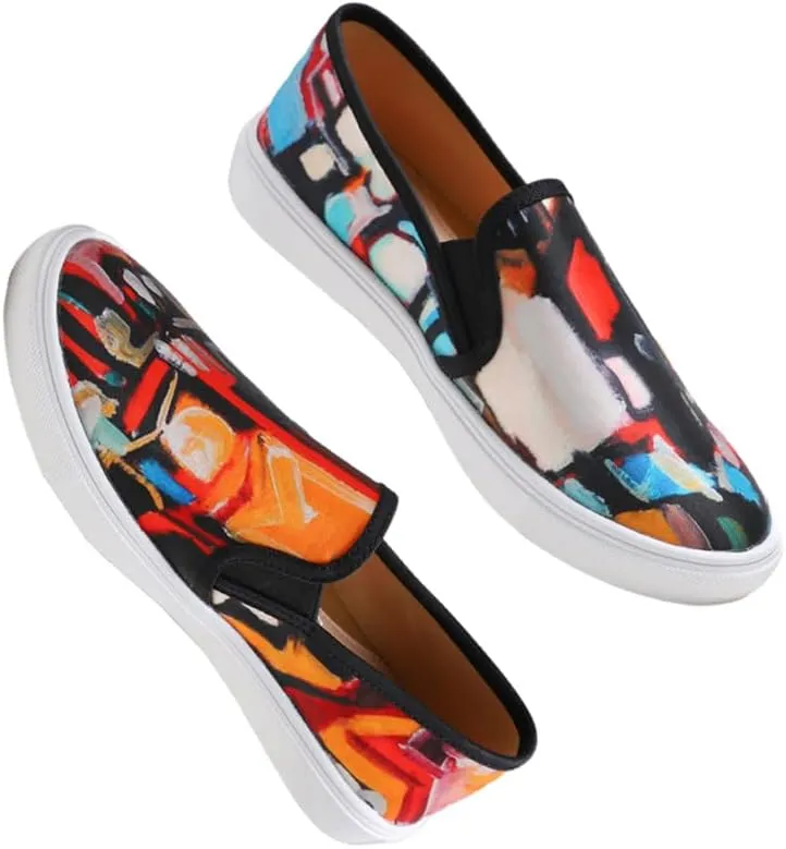 FEVERSOLE Women's Fashion Art Asymmetric Painted Casual Slip On Loafers Canvas Travel Sneakers