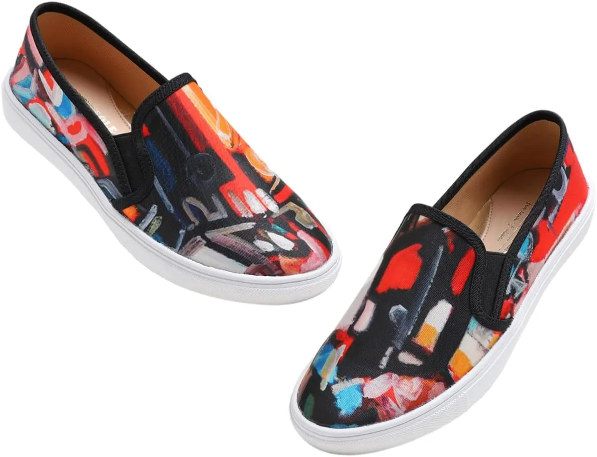 FEVERSOLE Women's Fashion Art Asymmetric Painted Casual Slip On Loafers Canvas Travel Sneakers