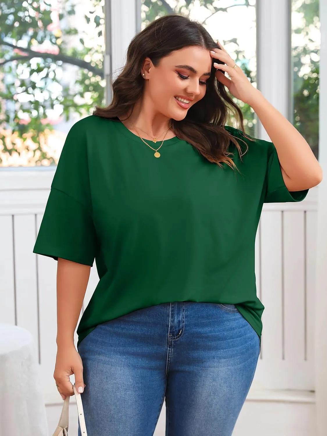 Fisoew Women's Plus Size T Shirts Oversized Tees Summer Half Sleeve Crew Neck Tunic Tops