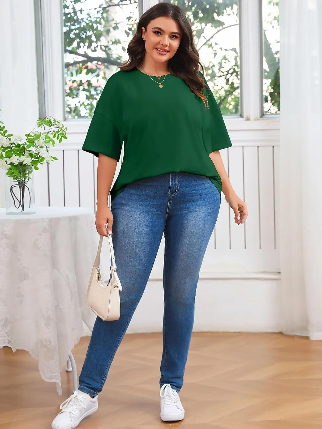 Fisoew Women's Plus Size T Shirts Oversized Tees Summer Half Sleeve Crew Neck Tunic Tops