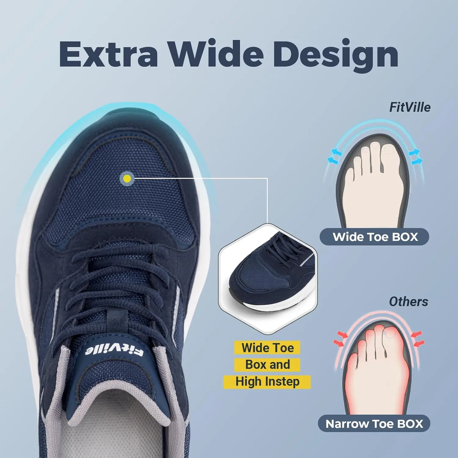 FitVille Extra Wide Walking Shoes Men's Wide Width Workout Sneakers with Arch Support for Flat Feet Heel Pain Relief - Rebound NEO V2