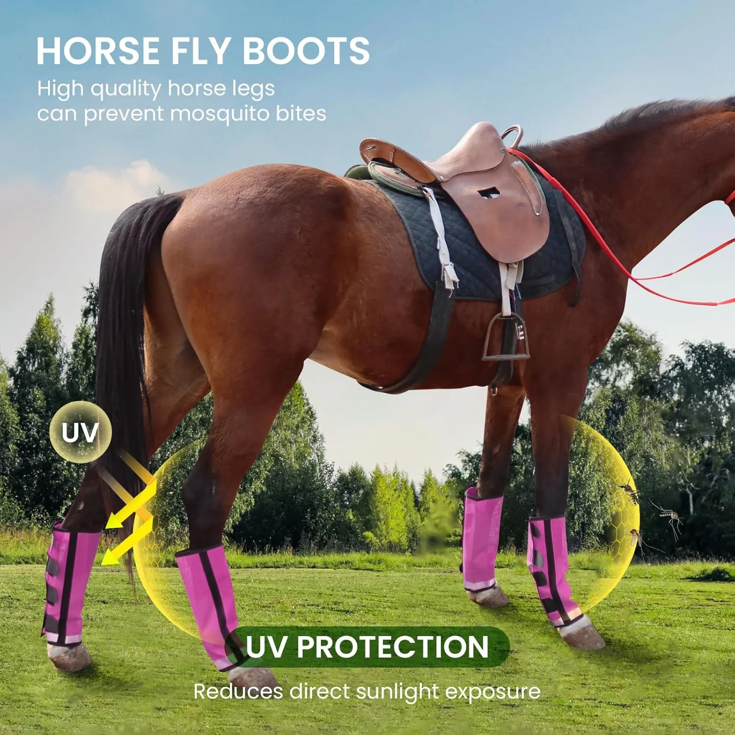 Fly Boots for Horses Loose-Fitting Leggings Set of 4,UV-Protective Extra Tough Mesh Ventilated Stay-on Design with 4 Fasteners Protect Horse Legs Stomp-Resistant (Pink, Large)
