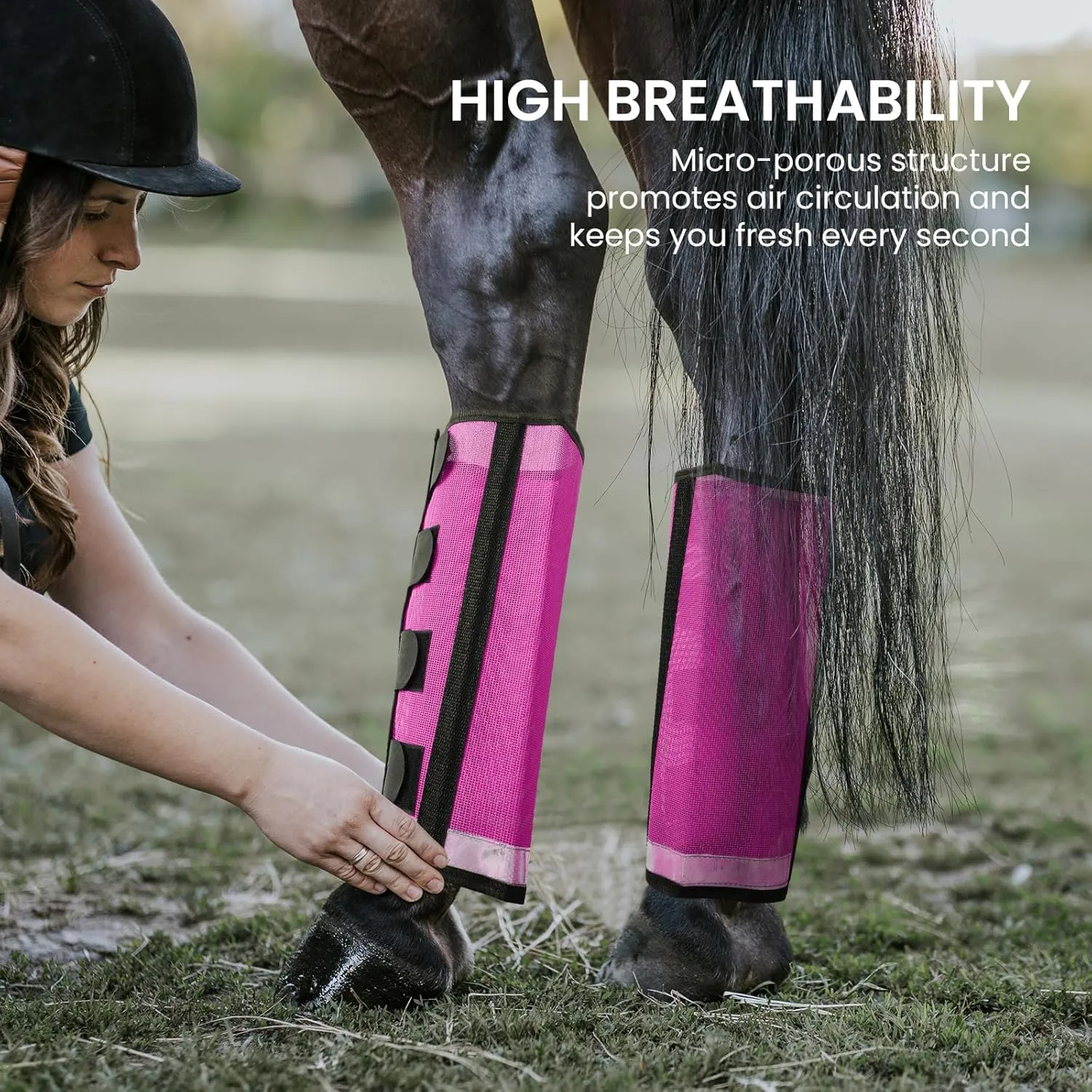 Fly Boots for Horses Loose-Fitting Leggings Set of 4,UV-Protective Extra Tough Mesh Ventilated Stay-on Design with 4 Fasteners Protect Horse Legs Stomp-Resistant (Pink, Large)