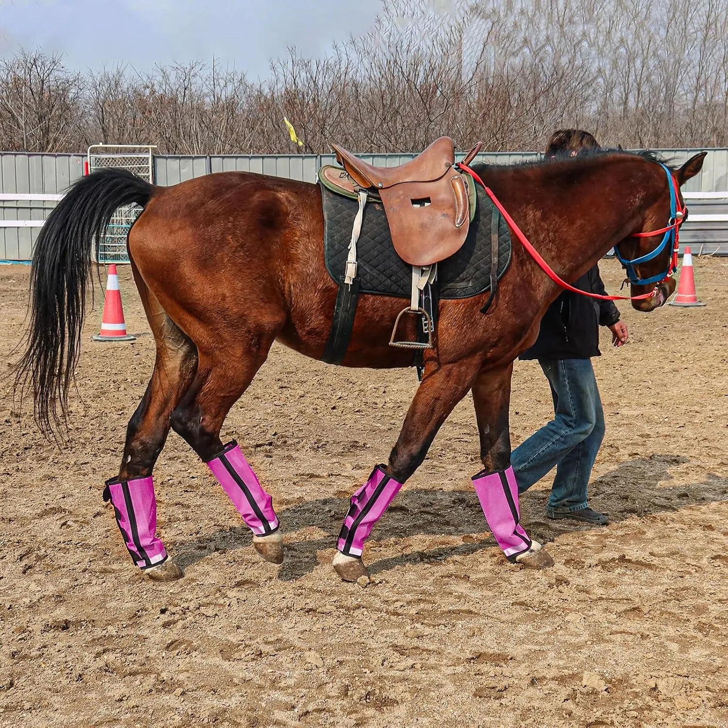 Fly Boots for Horses Loose-Fitting Leggings Set of 4,UV-Protective Extra Tough Mesh Ventilated Stay-on Design with 4 Fasteners Protect Horse Legs Stomp-Resistant (Pink, Large)