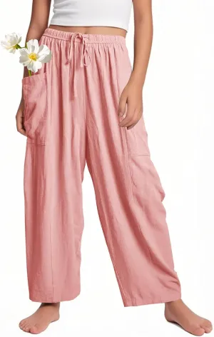 Flygo Girls Wide Leg Pants Casual Flowy Elastic Waist Palazzo Harem Trousers with Pockets 5-14Y