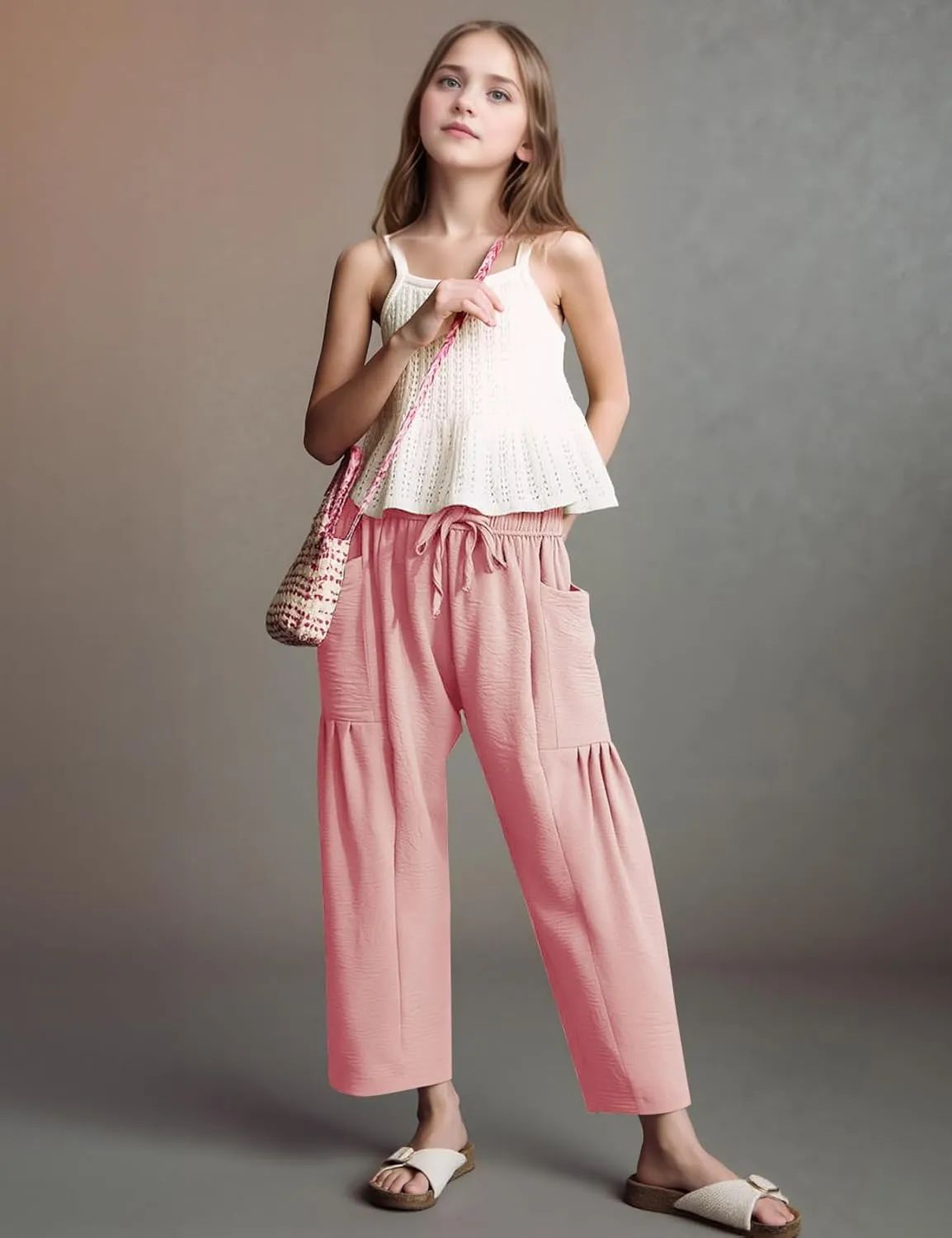 Flygo Girls Wide Leg Pants Casual Flowy Elastic Waist Palazzo Harem Trousers with Pockets 5-14Y