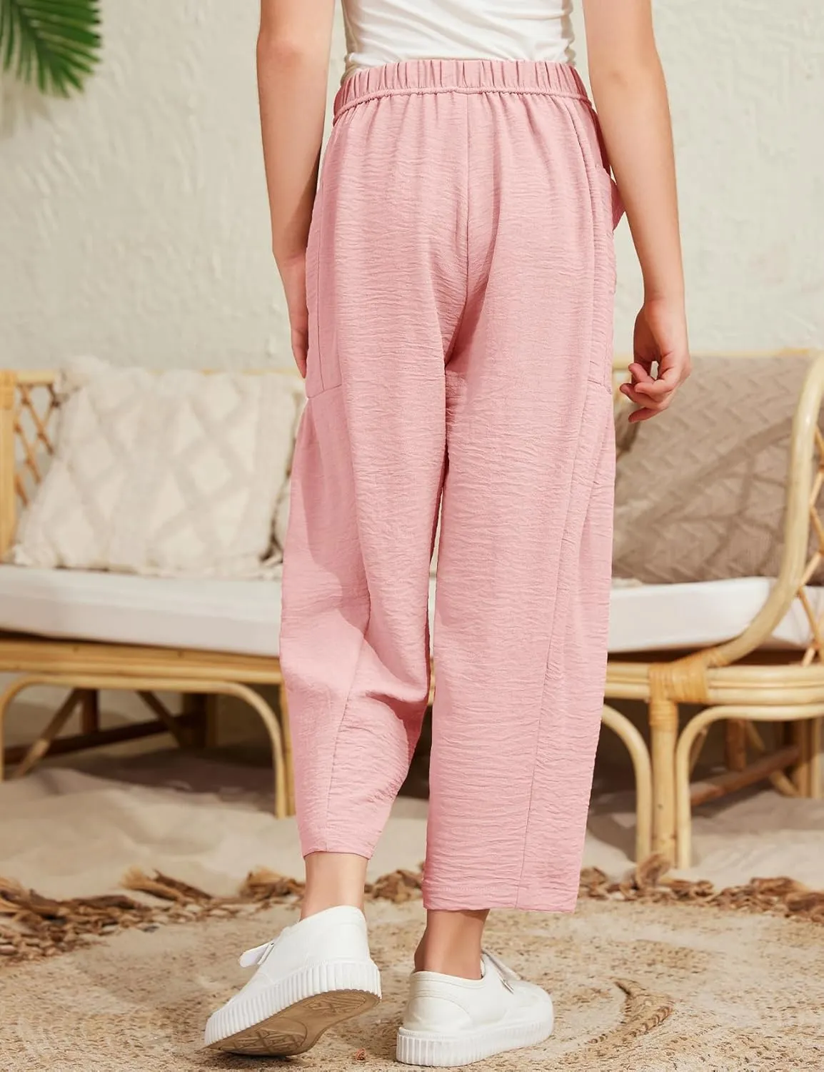 Flygo Girls Wide Leg Pants Casual Flowy Elastic Waist Palazzo Harem Trousers with Pockets 5-14Y