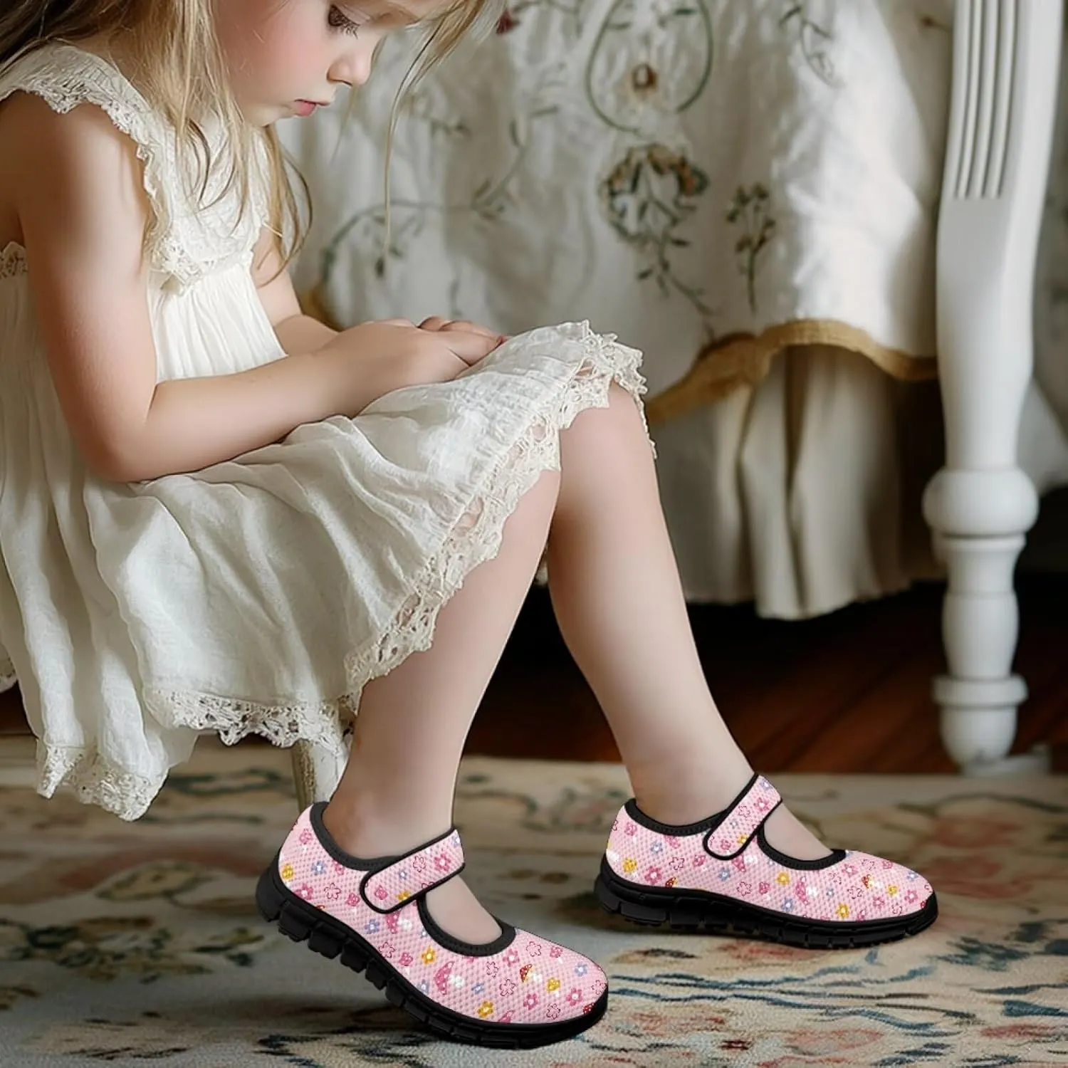 Forchrinse Pink Boston Terrier Floral Print Girls Dress Shoes Mary Jane Flats Pink for Kids and Toddler Size 11-2.5 School Uniform Sneakers Lightweight Walking Shoes