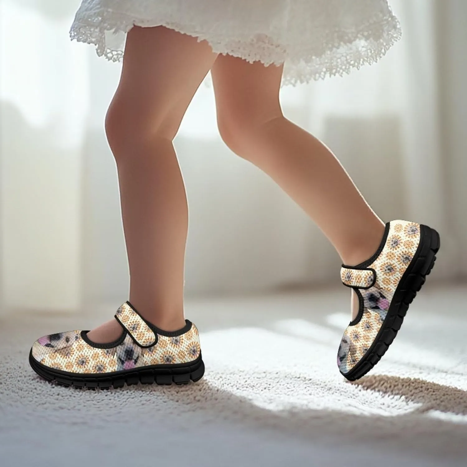 Forchrinse Sunflower Otter Pattern Toddlers Girls Dress Shoes Floral Mary Jane Flats Party School Uniform Shoes Lightweight Flats Sneakers for Kids,Size 11-2.5