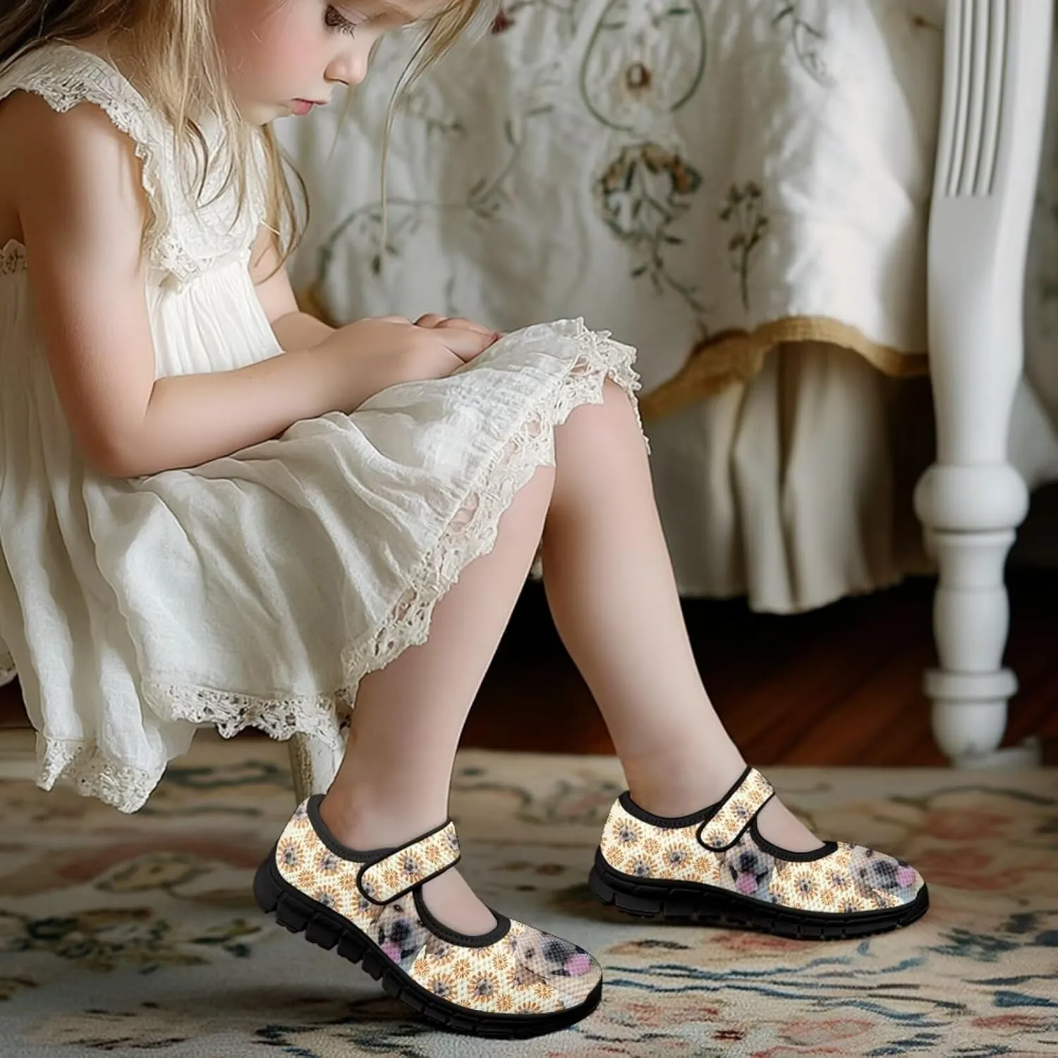 Forchrinse Sunflower Otter Pattern Toddlers Girls Dress Shoes Floral Mary Jane Flats Party School Uniform Shoes Lightweight Flats Sneakers for Kids,Size 11-2.5
