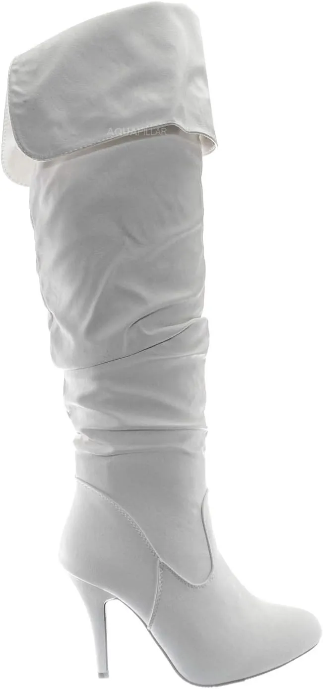 Forever Link High Heel Wrinkled Slouchy Dress Boots - Stretch Foldable Over Knee