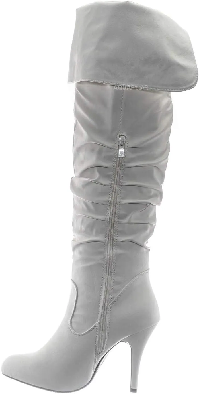 Forever Link High Heel Wrinkled Slouchy Dress Boots - Stretch Foldable Over Knee