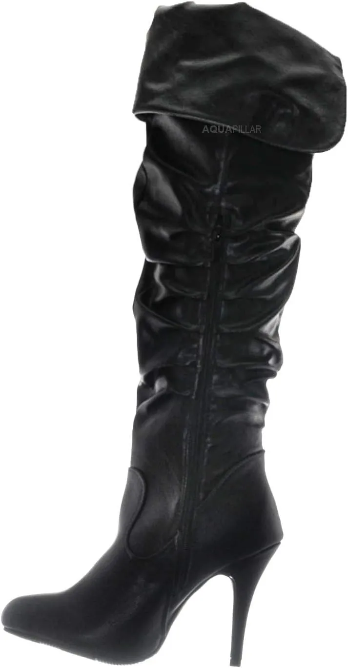 Forever Link High Heel Wrinkled Slouchy Dress Boots - Stretch Foldable Over Knee