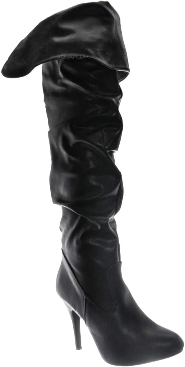 Forever Link High Heel Wrinkled Slouchy Dress Boots - Stretch Foldable Over Knee