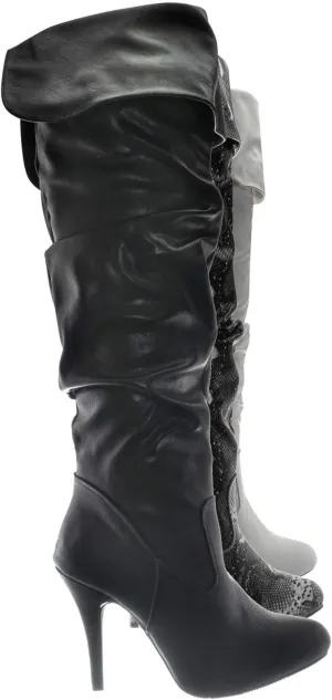 Forever Link High Heel Wrinkled Slouchy Dress Boots - Stretch Foldable Over Knee