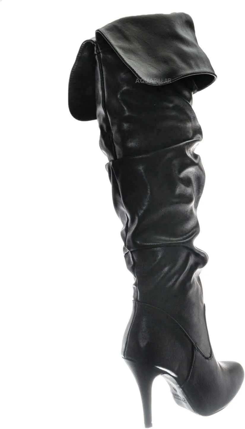 Forever Link High Heel Wrinkled Slouchy Dress Boots - Stretch Foldable Over Knee