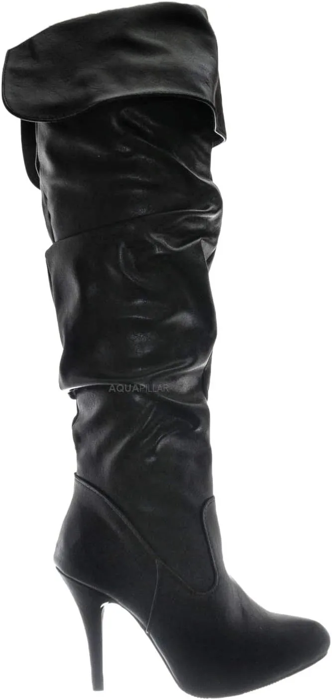 Forever Link High Heel Wrinkled Slouchy Dress Boots - Stretch Foldable Over Knee