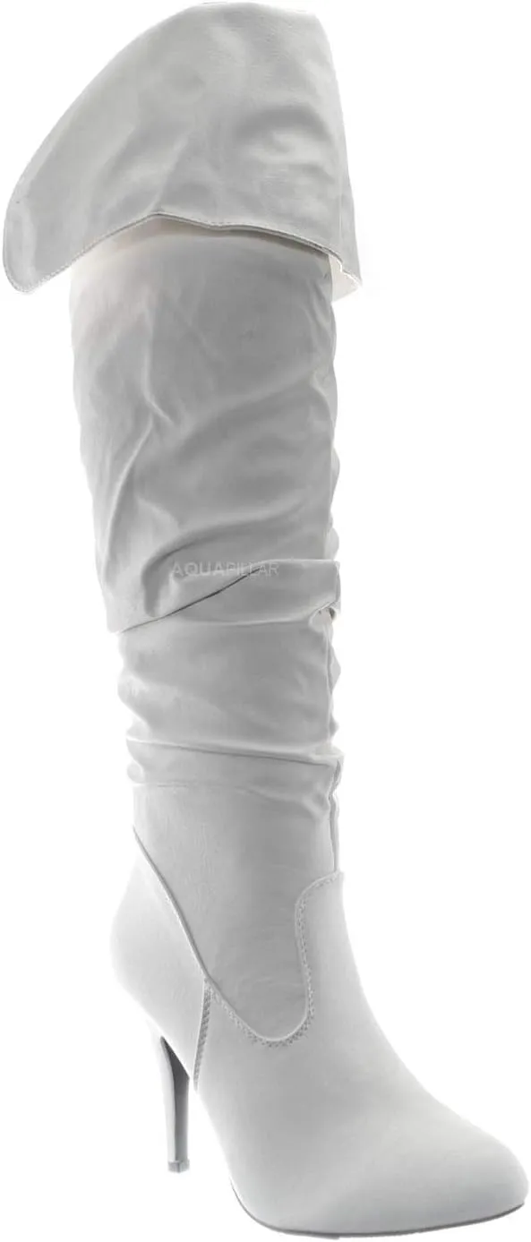Forever Link High Heel Wrinkled Slouchy Dress Boots - Stretch Foldable Over Knee