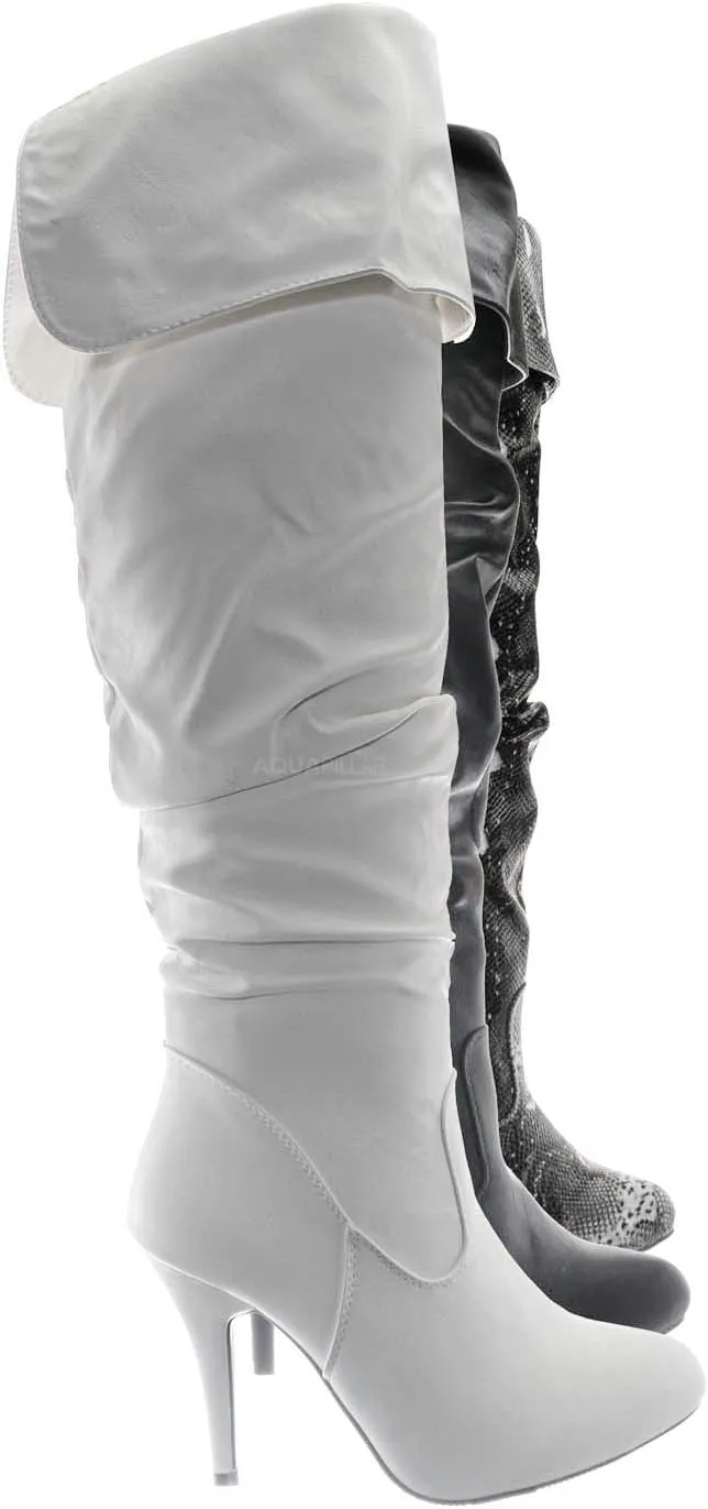 Forever Link High Heel Wrinkled Slouchy Dress Boots - Stretch Foldable Over Knee