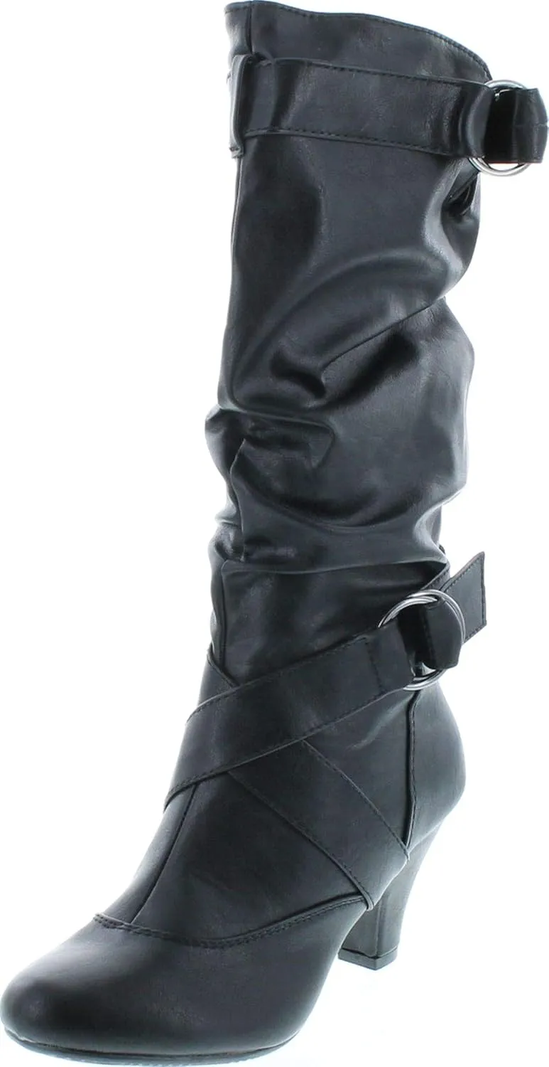 Forever Link Maggie-39 Women's Fashion Low Heel Zipper Slouchy Mid-Calf Boots Shoes