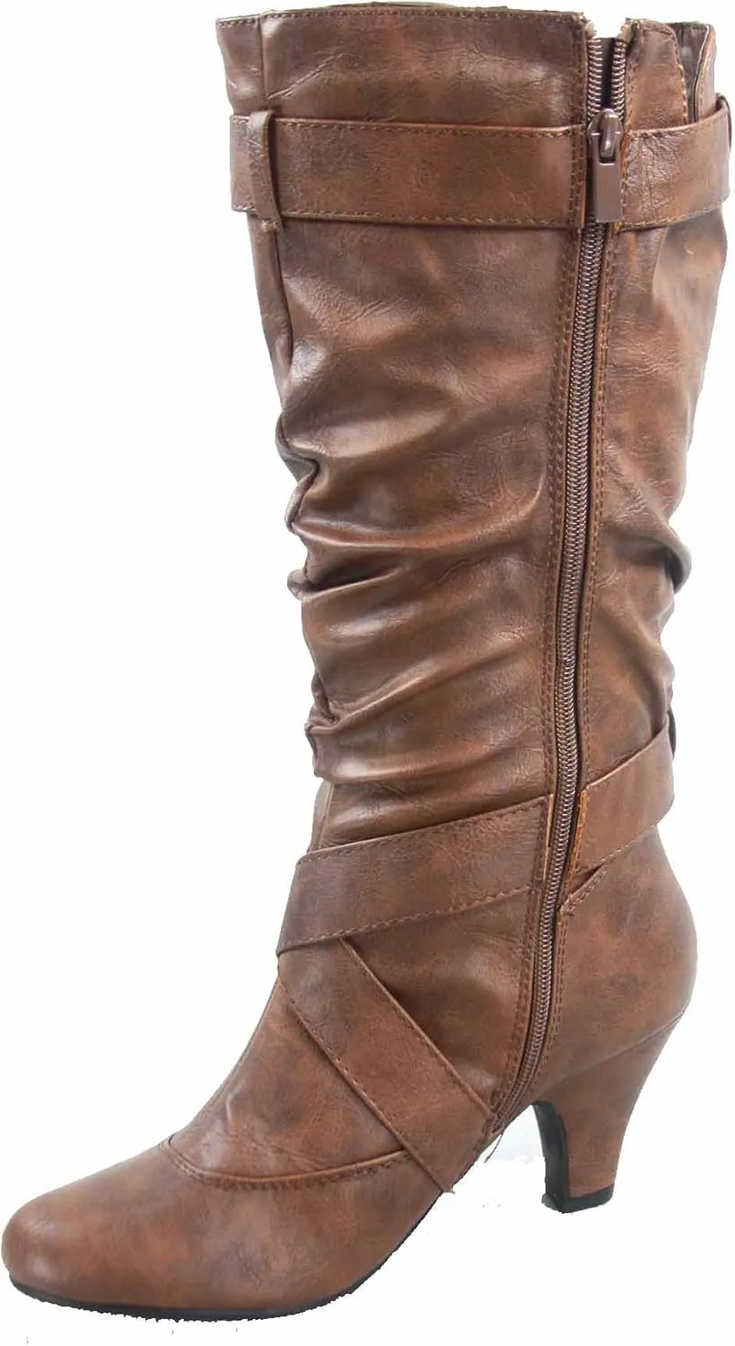 Forever Link Maggie-39 Women's Fashion Low Heel Zipper Slouchy Mid-Calf Boots Shoes