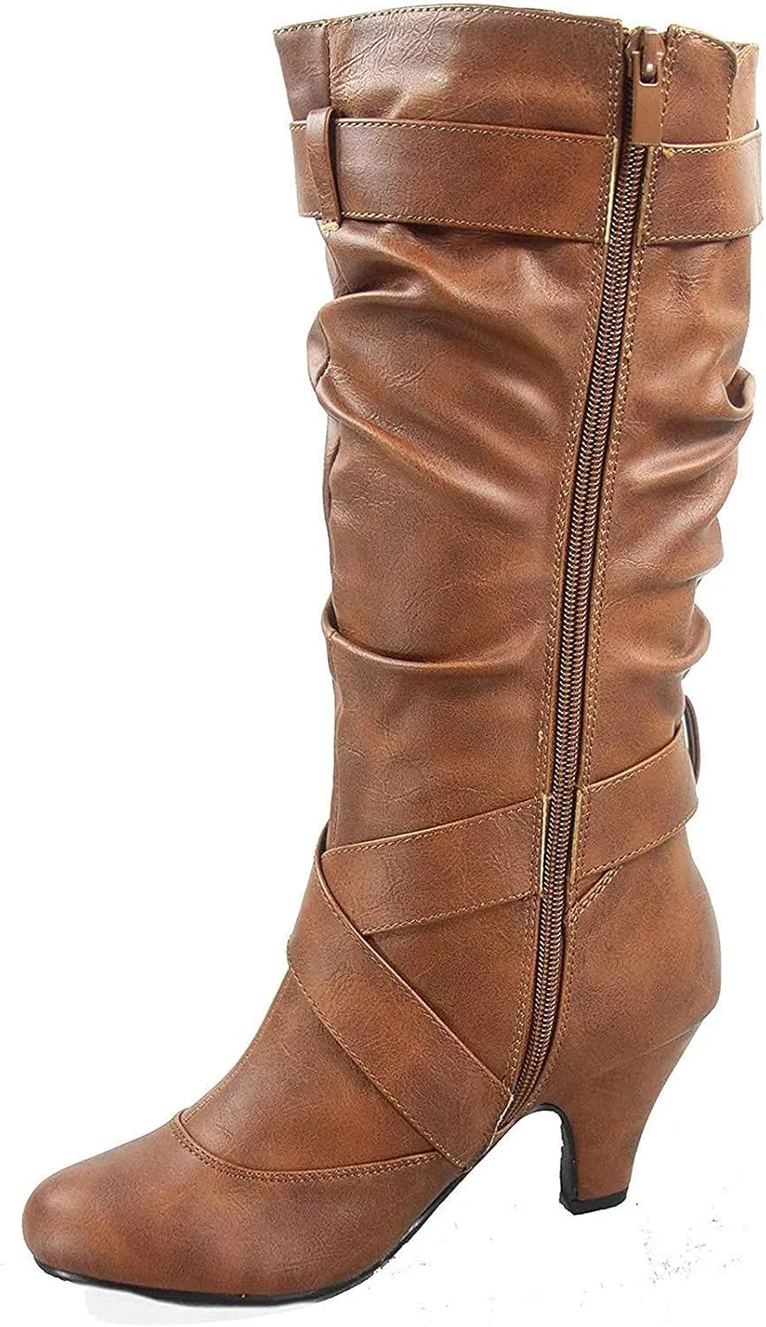 Forever Link Maggie-39 Women's Fashion Low Heel Zipper Slouchy Mid-Calf Boots Shoes