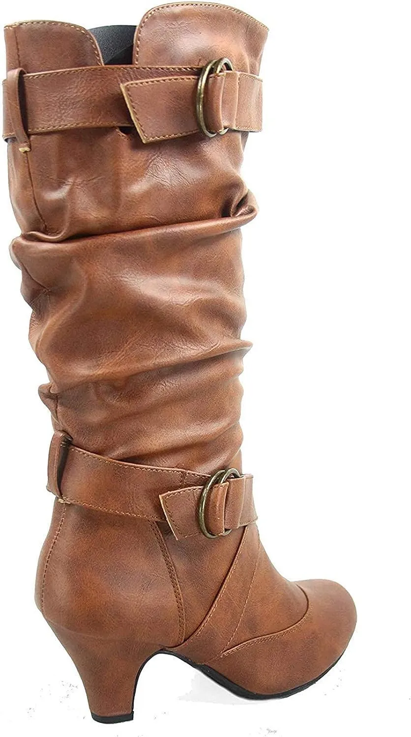 Forever Link Maggie-39 Women's Fashion Low Heel Zipper Slouchy Mid-Calf Boots Shoes
