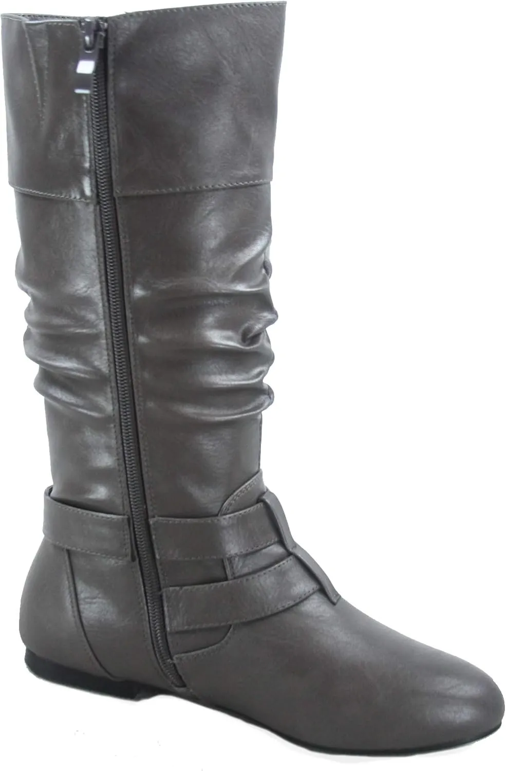 Forever Sonny-54 Women's Stylish Round Toe Buckle Zipper Slouchy Mid-Calf Riding Boots Shoes