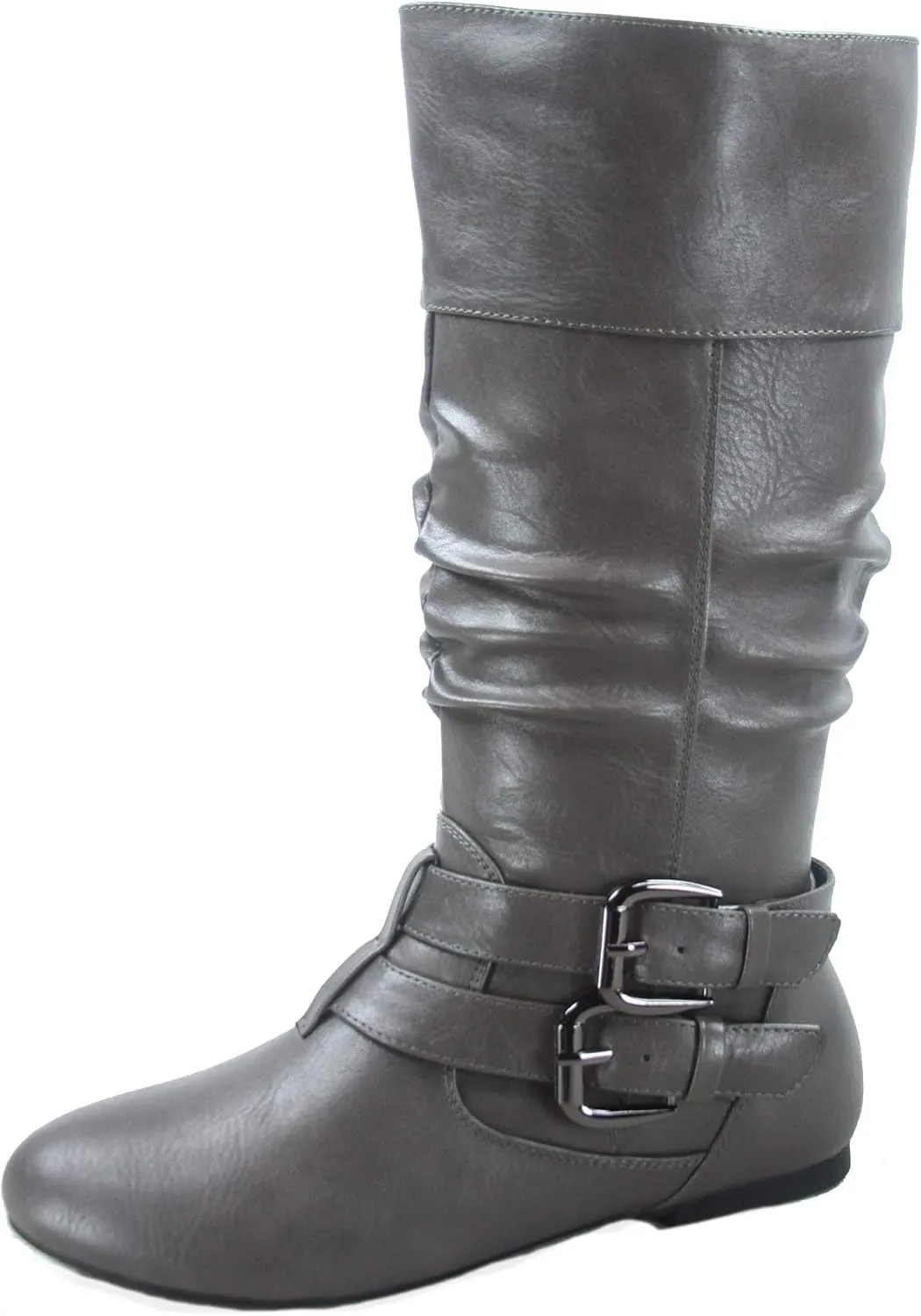 Forever Sonny-54 Women's Stylish Round Toe Buckle Zipper Slouchy Mid-Calf Riding Boots Shoes