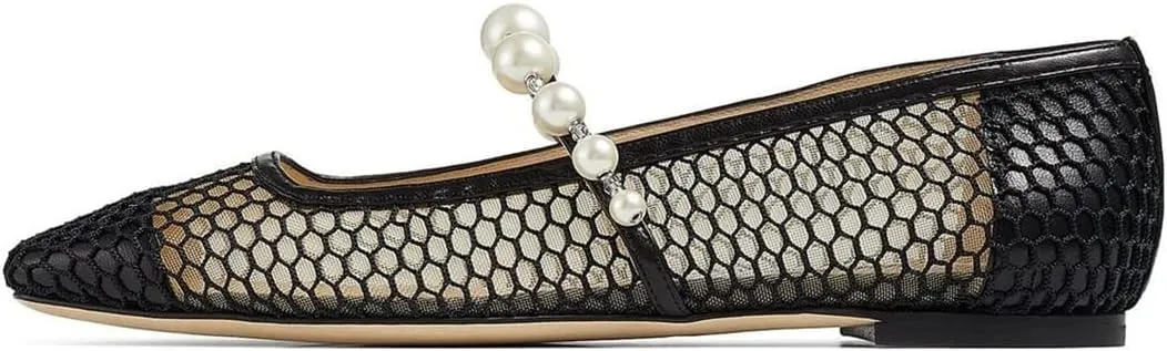 FOWT Women Square Toe Slip on Flats Pearl Studded Strap Elegant Pumps Wedding Bride Prom Dressy Shoes Size 4-15 US