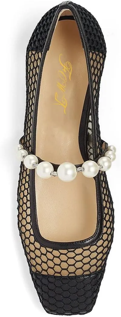 FOWT Women Square Toe Slip on Flats Pearl Studded Strap Elegant Pumps Wedding Bride Prom Dressy Shoes Size 4-15 US