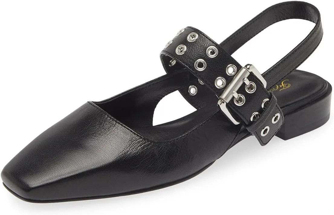 FOWT Women Unique Wide Strap Buckle Square Toe Slingback Flats Block Heel Casual Comfortable Party Dress Pumps Size 4-16 US