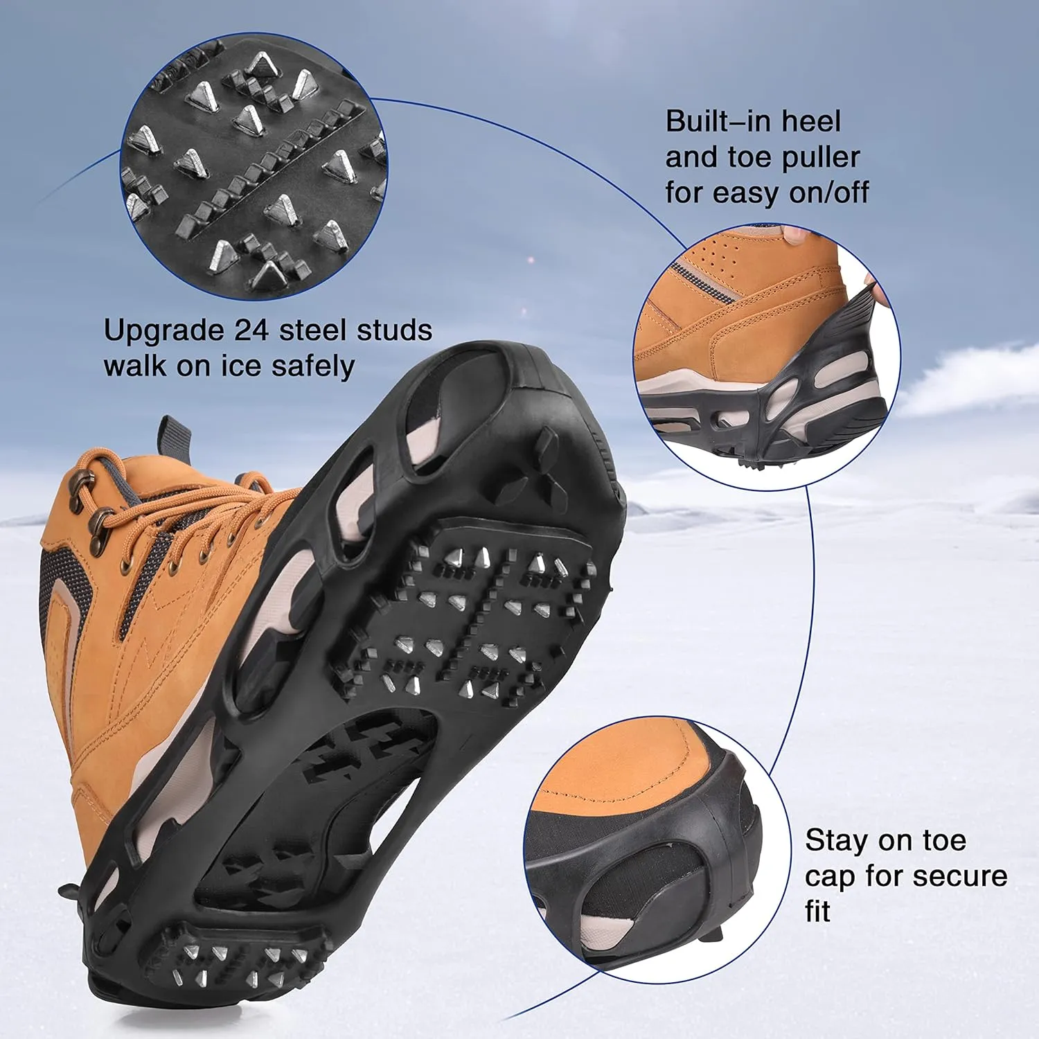 FUSIGO Ice Cleats for Shoes and Boots Crampons Snow Traction Cleats for Walking on Snow and Ice Non-Slip Ice Shoe Grippers Men Women Kids Stretch Rubber Ice Cleats, 24 Studs