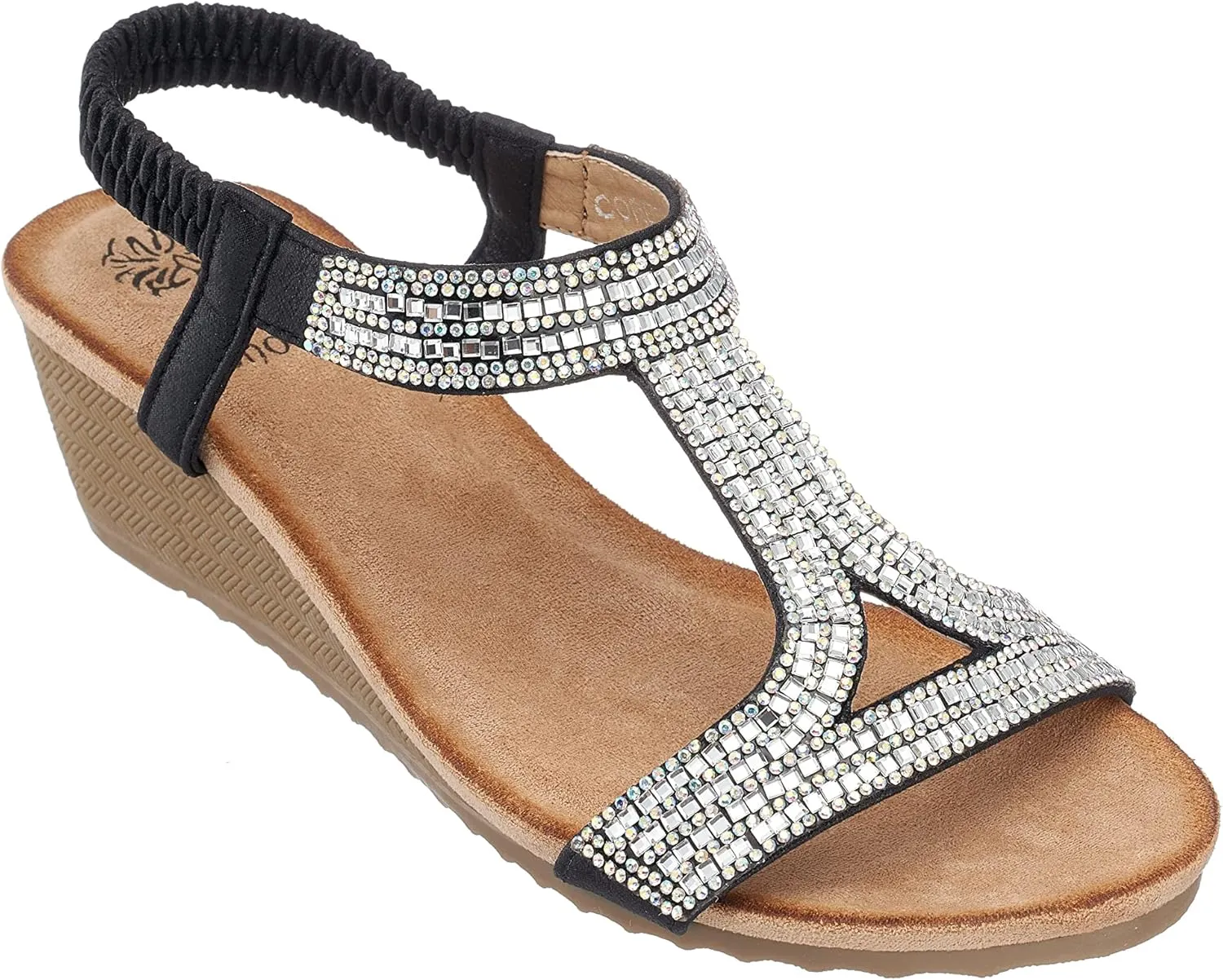GC Shoes Womens Rhinestone Strap Wedge Sandals, Open Toe Elastic Sling Back Summer Platform Slide Sandal, Coretta