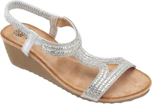 GC Shoes Womens Rhinestone Strap Wedge Sandals, Open Toe Elastic Sling Back Summer Platform Slide Sandal, Coretta