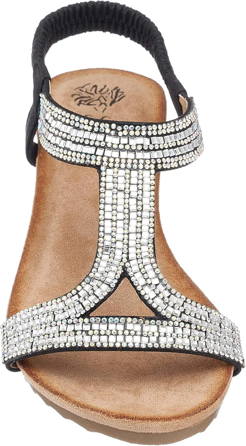 GC Shoes Womens Rhinestone Strap Wedge Sandals, Open Toe Elastic Sling Back Summer Platform Slide Sandal, Coretta